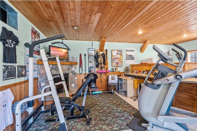 510 State Rd Unit 35, Saint Croix Falls, WI 54024 - workout area featuring carpet floors, wooden walls, and wooden ceiling