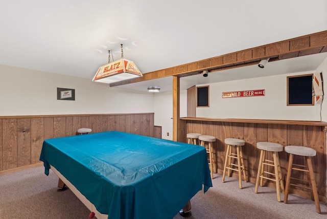 305 Hill Rd, Rosendale, WI 54974 - game room with carpet flooring, a bar, wood walls, and billiards