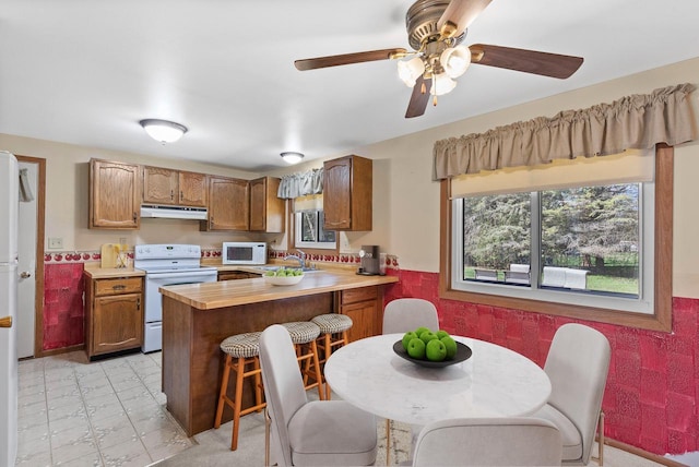 305 Hill Rd, Rosendale, WI 54974 - kitchen featuring white appliances, under cabinet range hood, healthy amount of natural light, light countertops, and a wainscoted wall