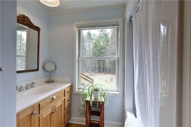 13195 Kavanaugh Rd, Cable, WI 54821 - full bath with vanity, ornamental molding, and wood finished floors