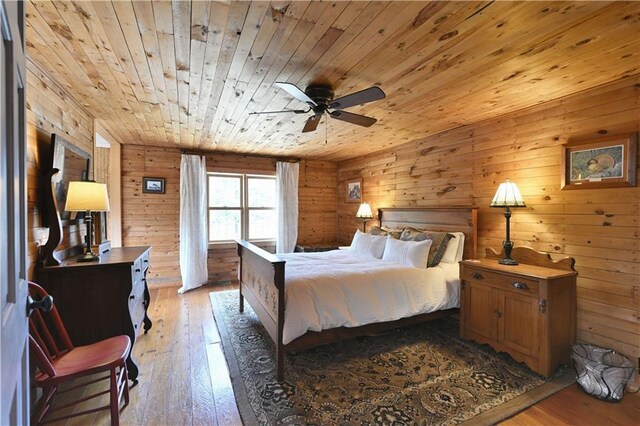 13195 Kavanaugh Rd, Cable, WI 54821 - bedroom featuring wood walls, wood ceiling, and light wood-style floors