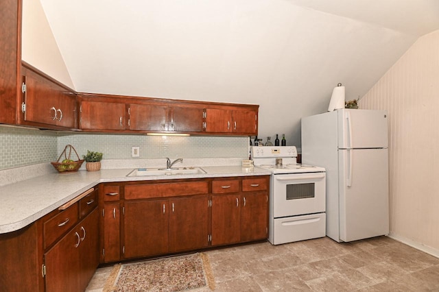 kitchen with a sink, backsplash, vaulted ceiling, and white appliances