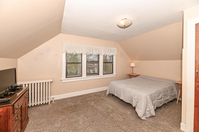 carpeted bedroom with baseboards, lofted ceiling, and radiator heating unit