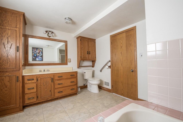 5016 Sth 96, Denmark, WI 54208 - full bathroom with vanity, visible vents, toilet, tile patterned floors, and a bath