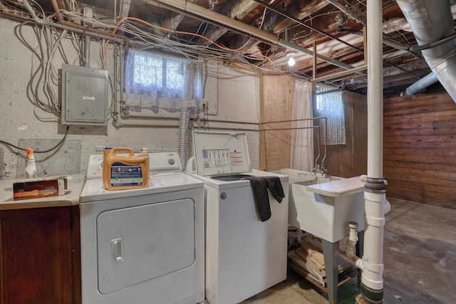 611 N St, West Bend, WI 53090 - laundry area featuring washing machine and dryer, electric panel, and wood walls