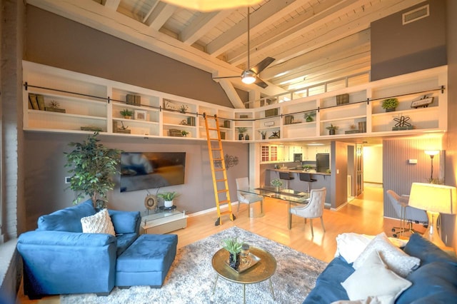 living room with wood ceiling, a ceiling fan, visible vents, wood finished floors, and beam ceiling
