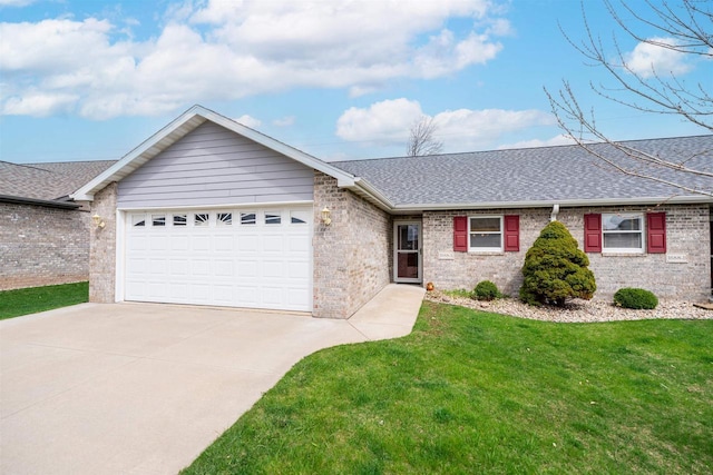 ranch-style home with roof with shingles, a garage, brick siding, a front lawn, and concrete driveway