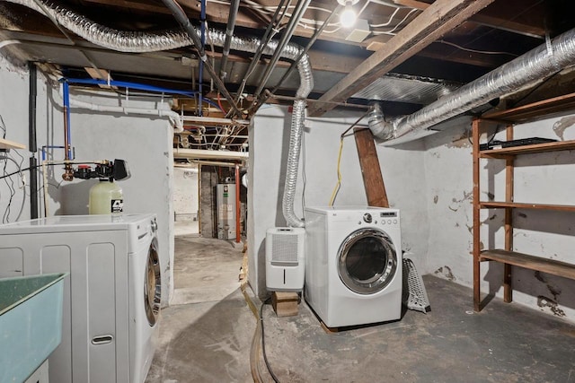 126 S Hancock St, Madison, WI 53703 - unfinished basement featuring gas water heater, washer and clothes dryer, and a sink
