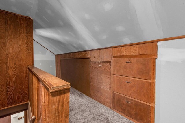 bonus room featuring carpet floors, wooden walls, and vaulted ceiling