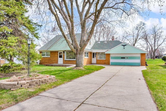 single story home with concrete driveway, brick siding, a front yard, and a garage