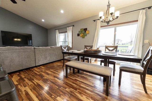 351 Alyssa St, Tomah, WI 54660 - dining area with recessed lighting, ceiling fan with notable chandelier, lofted ceiling, and hardwood / wood-style floors