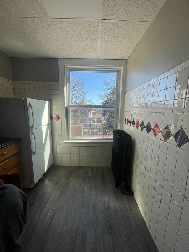 interior space with tile walls and dark wood-style floors