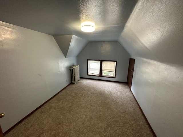 additional living space featuring baseboards, vaulted ceiling, a textured ceiling, and light colored carpet