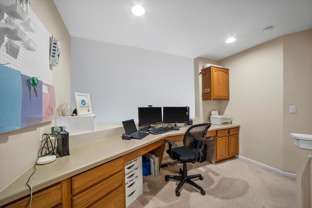home office with recessed lighting, baseboards, and light carpet