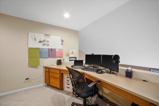 office with recessed lighting, baseboards, and light carpet