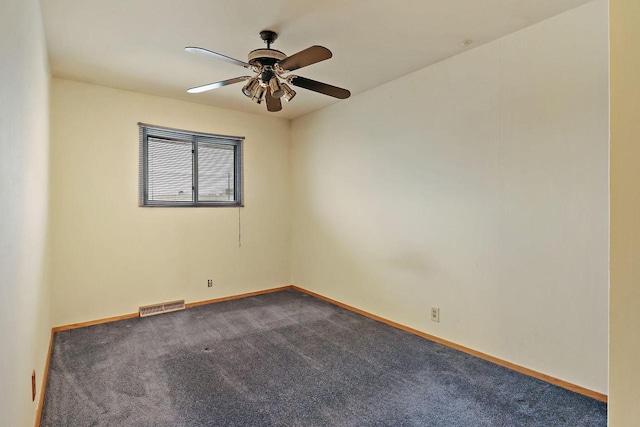 unfurnished room featuring visible vents, baseboards, ceiling fan, and dark colored carpet