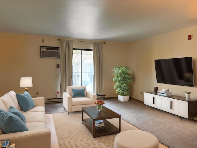 living room featuring a wall unit AC, a baseboard heating unit, and light carpet