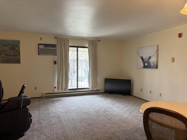 living room with baseboards, a baseboard radiator, a wall mounted AC, and carpet flooring