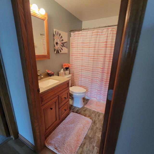 bathroom featuring toilet, a shower with curtain, wood finished floors, and vanity