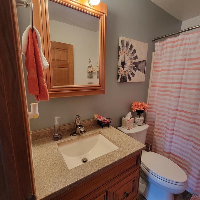full bathroom featuring toilet, a shower with shower curtain, and vanity