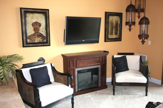 living area featuring baseboards and a glass covered fireplace