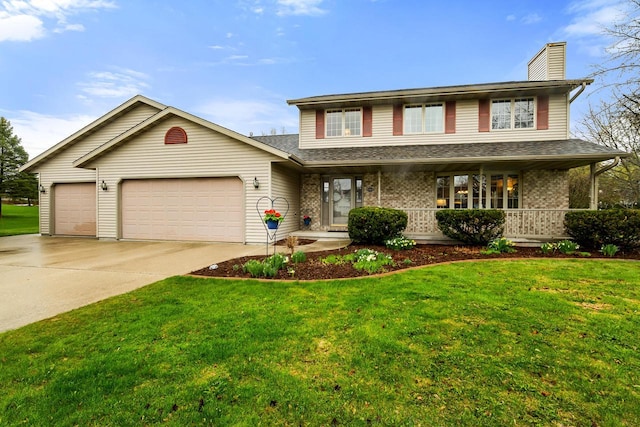 traditional-style house featuring covered porch, driveway, a chimney, a front lawn, and an attached garage