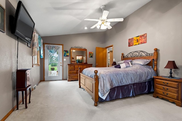 bedroom featuring access to outside, ceiling fan, light carpet, baseboards, and lofted ceiling
