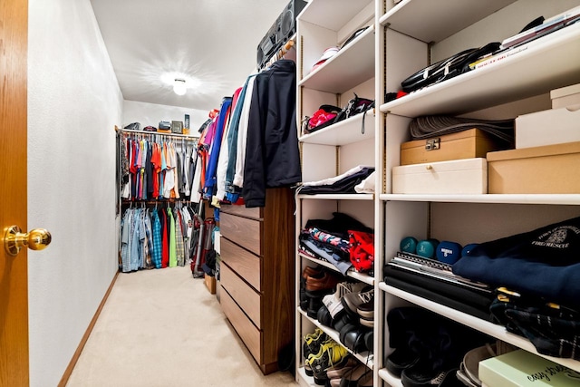 spacious closet featuring light colored carpet