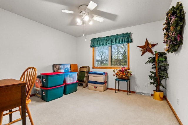 game room with carpet flooring, ceiling fan, visible vents, and baseboards