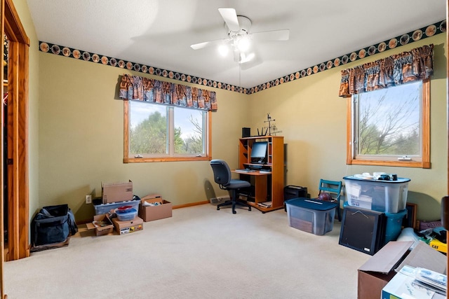 office space featuring carpet flooring and ceiling fan