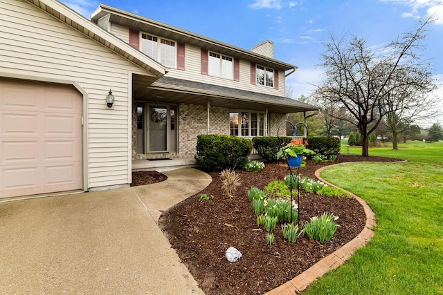 view of front facade featuring covered porch, a chimney, brick siding, a front lawn, and an attached garage