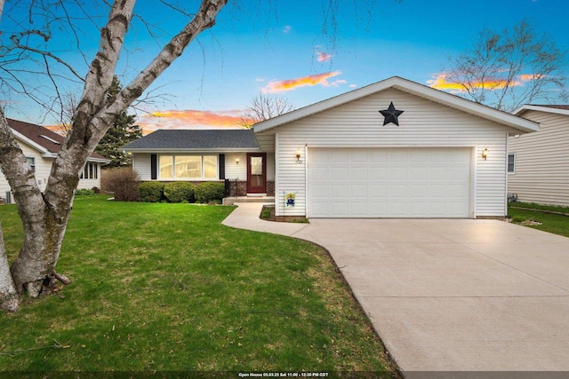 single story home featuring an attached garage, driveway, and a front yard