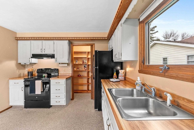 kitchen with a sink, white cabinetry, under cabinet range hood, and black appliances