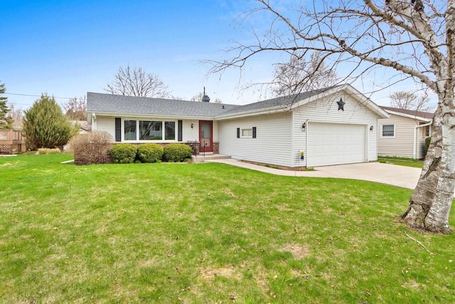 ranch-style house with concrete driveway, an attached garage, and a front lawn