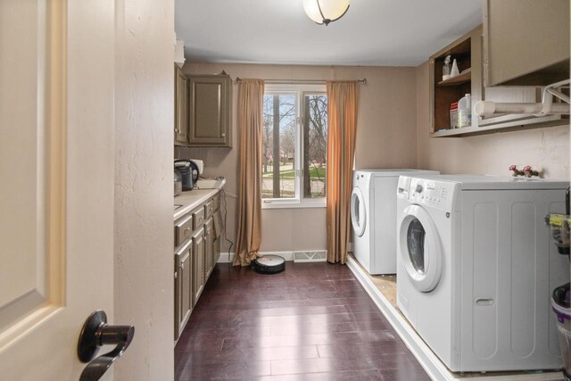 1755 Carmen Ave, Sheboygan, WI 53081 - washroom featuring laundry area, dark wood-style flooring, visible vents, baseboards, and washer and dryer