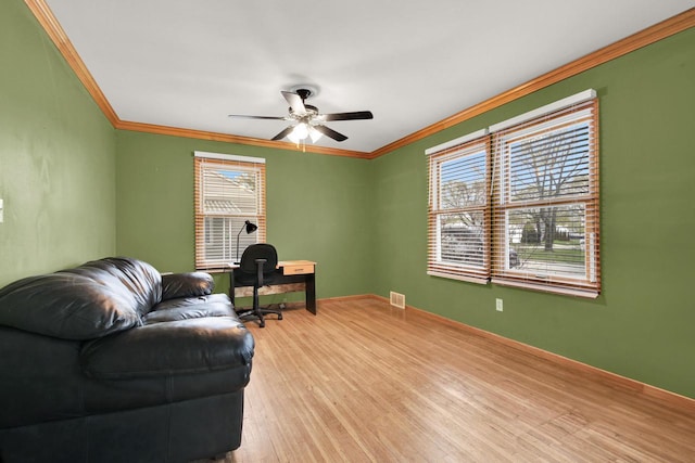 3317 E Denton Ave, Saint Francis, WI 53235 - office space featuring crown molding, light wood finished floors, a ceiling fan, and baseboards