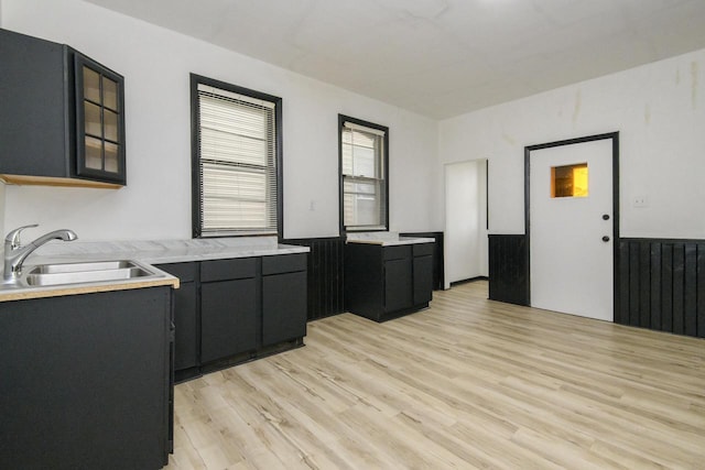 kitchen with glass insert cabinets, light wood-style floors, light countertops, dark cabinetry, and a sink