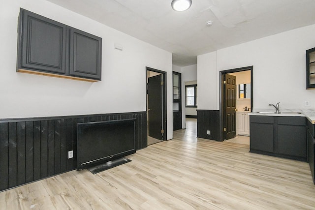 unfurnished living room with a sink, wainscoting, and light wood finished floors