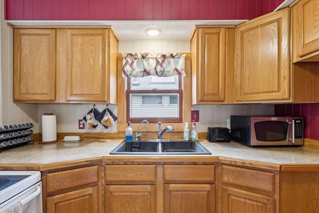kitchen with a sink, stainless steel microwave, and light countertops