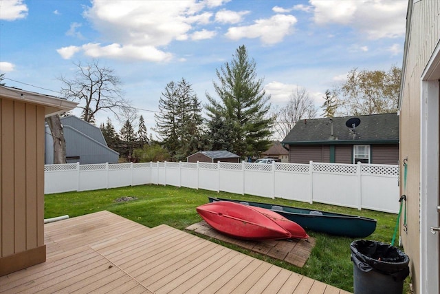 deck featuring a yard and a fenced backyard