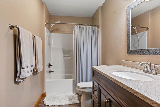 full bathroom featuring vanity, shower / bath combination with curtain, and toilet
