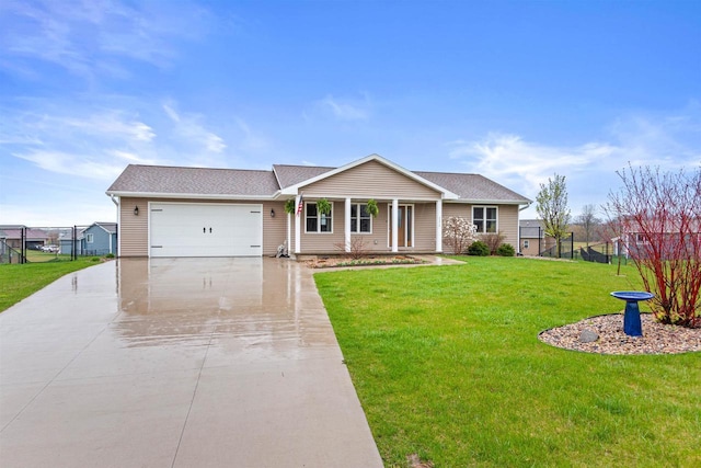 single story home with a garage, roof with shingles, concrete driveway, and a front lawn