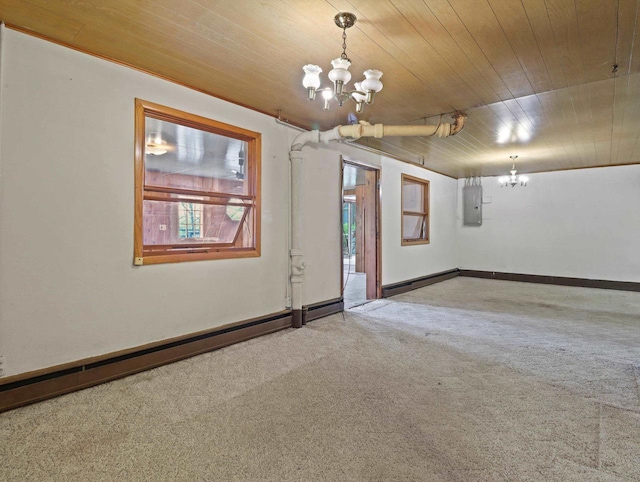 unfurnished room featuring carpet floors, a baseboard heating unit, electric panel, a chandelier, and wooden ceiling