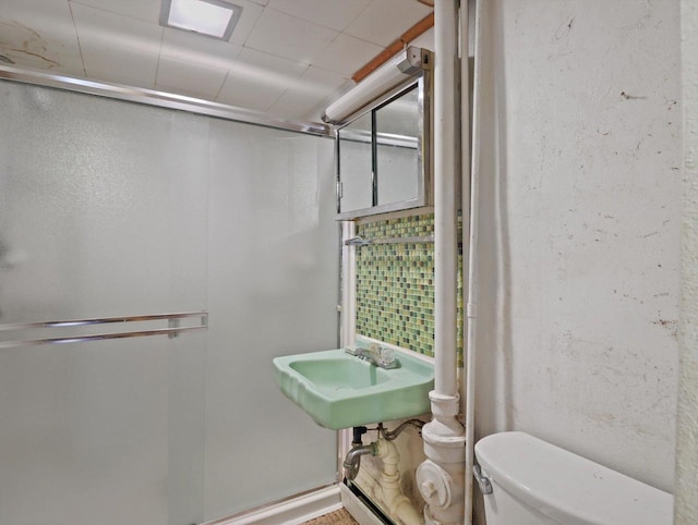 bathroom featuring toilet, a sink, and a stall shower