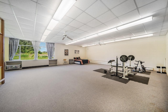 510 Lake St, Cascade, WI 53011 - exercise room featuring carpet floors, a ceiling fan, and a baseboard radiator