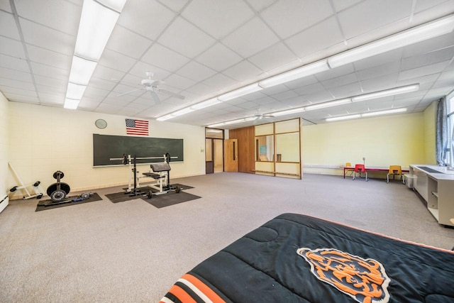 510 Lake St, Cascade, WI 53011 - workout room with visible vents, carpet, ceiling fan, and a paneled ceiling