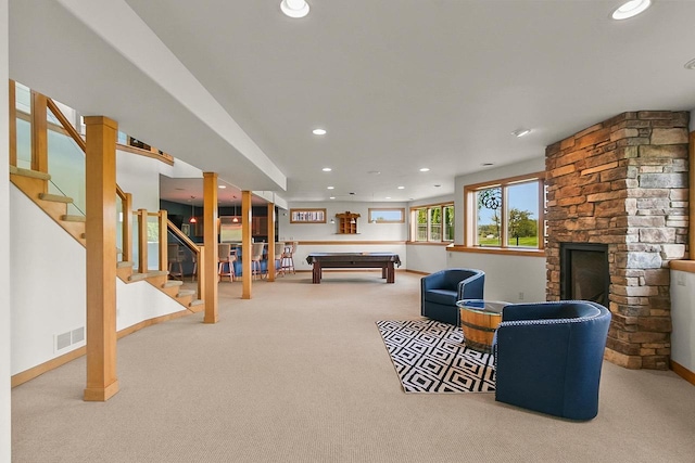 recreation room featuring carpet, recessed lighting, billiards table, baseboards, and a large fireplace