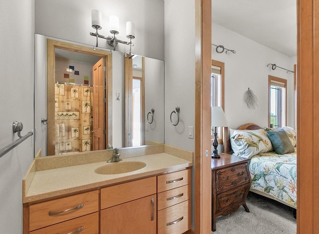 full bathroom with connected bathroom, vanity, and a shower with shower curtain