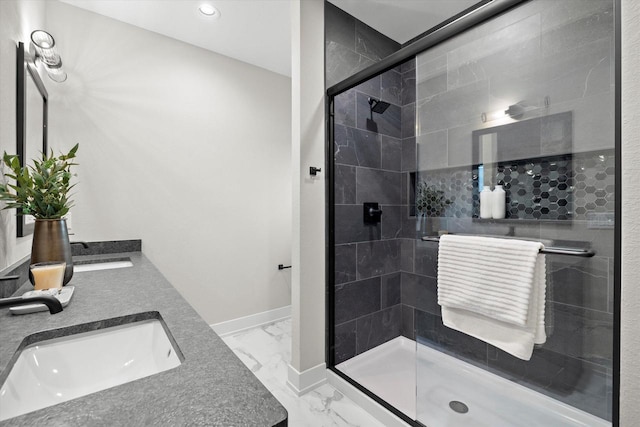 N59W27328 Autumn Ct, Lisbon, WI 53089 - full bath featuring a stall shower, a sink, baseboards, marble finish floor, and recessed lighting