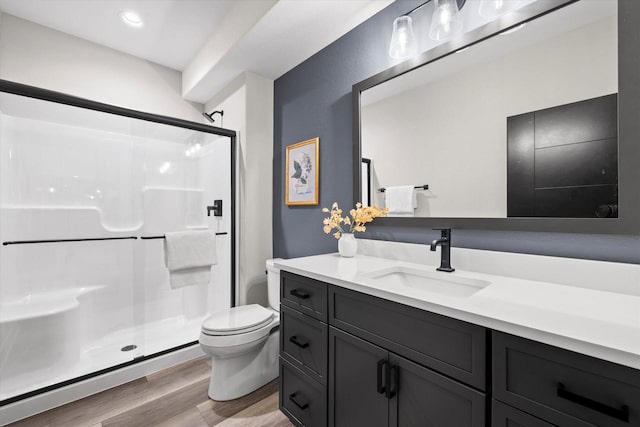 N59W27328 Autumn Ct, Lisbon, WI 53089 - bathroom featuring vanity, a stall shower, wood finished floors, and toilet